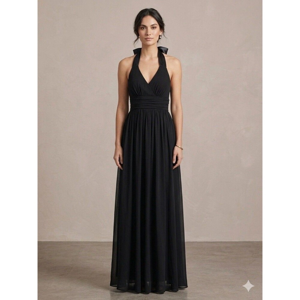 WHBM Black Chiffon Halter Maxi Dress Gown Sz 10 Evening Formal Event Wedding New